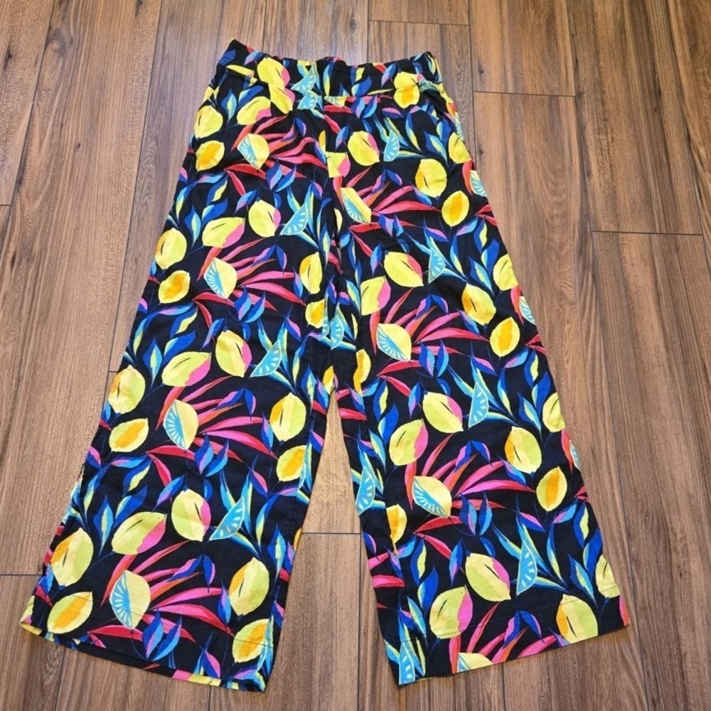 Tabitha Brown Wide Leg Linen Blend Pants M Pockets Tropical Beach Lemons
